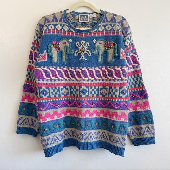Vintage Sigrid Olsen Sweater elephant Boho 3D knit beaded dopamine colorful fun - Picture 9 of 9